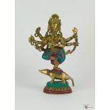  A Brass Nepalese Sculpture of Ganesha with Tessellated Turquoise and Red Coral Cloisonné, Late 20th...