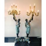 Set of 2 Wooden Black Servant Statues - Floor Lamps