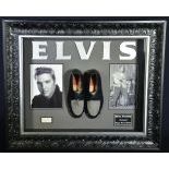 Elvis Presley (1935 - 1977). Rarest memorabilia collage with a pair of personal stage worn shoes combined with two photos