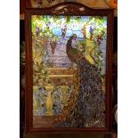Impressing Art Glass Window Peacock with Flowers in handcarved wooden Frame