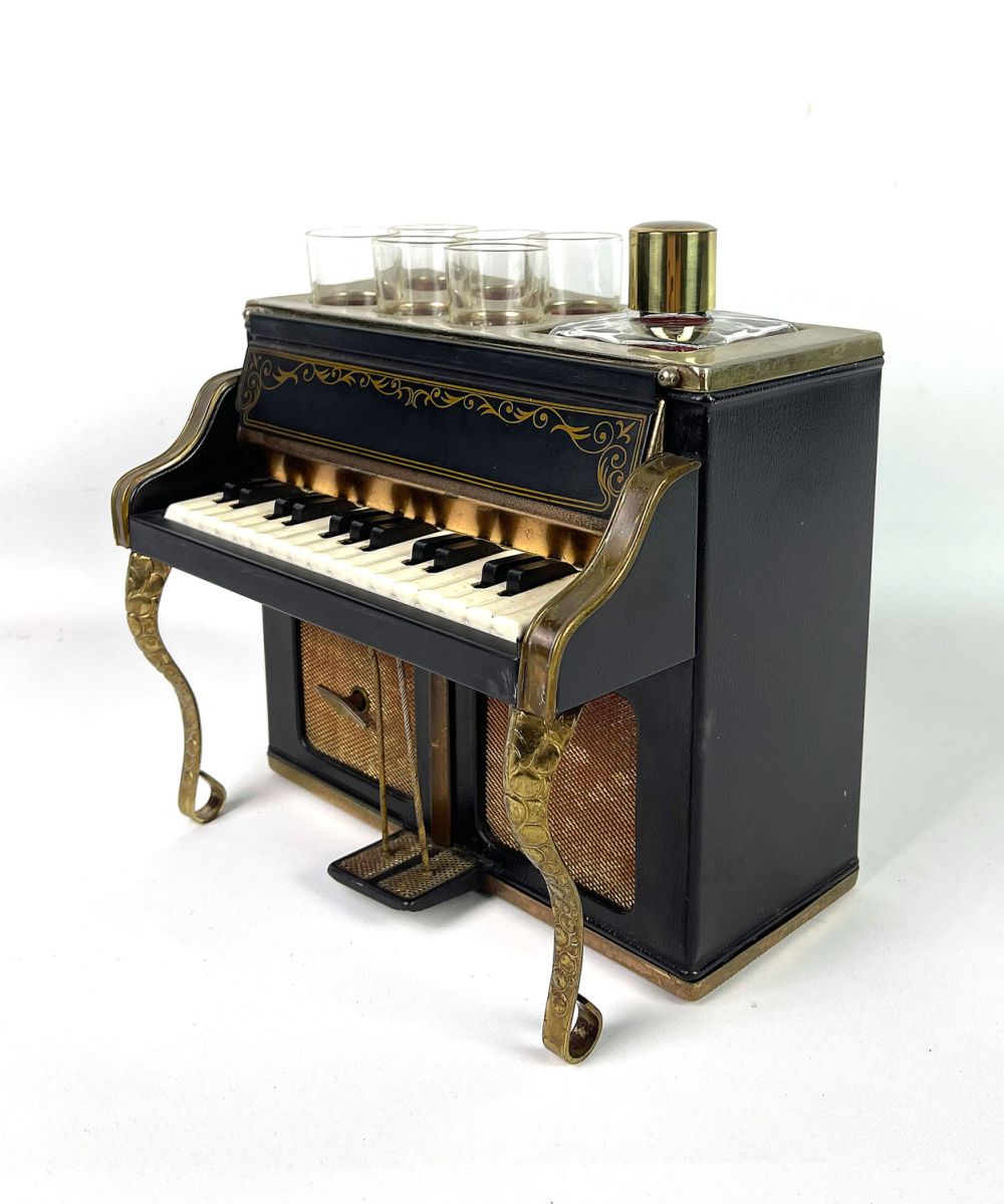 Vintage Piano Shaped Music Box & Decanter Set