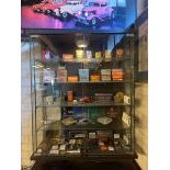 Display Case with Automobilia Collectibles - Empty Lamp Boxes, Key Rings, Plaques