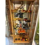 Wood and Glass Display Case with Automobilia Toys and Miniature Steam Engine