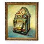 Framed J. Krivine Painting of Watling Rol-A-Top Slot Machine