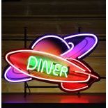 Diner Space Rocket Neon Sign with Printed Back Plate