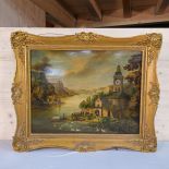 Beautiful French Painting with Clock & Music Box ca. 1870