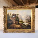 1882 French Painting with Clock, 6 Tune Music Box & Angelus Chimes