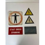 Lot of 4 High Voltage Metal Signs and a No Entry Metal Sign
