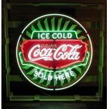 Large Ice Cold Coca-Cola Sold Here Neon Sign with Printed Back Plate