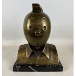 Brass Tintin Bust Coin Bank with Marble Base